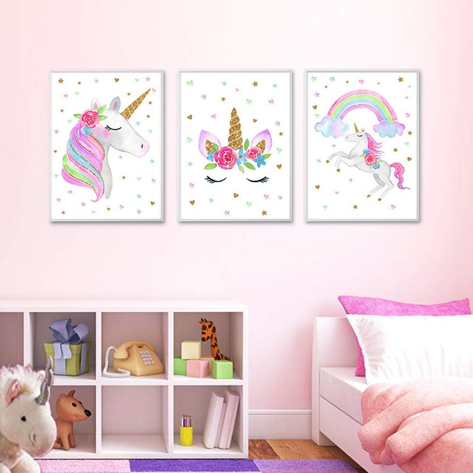 EVAIL Unicorn Wall Posters Rainbow Unicorn Canvas Wall Art Prints Painting Decoration Pictures Set of 3 (8”x11.8” for Girls Kids Bedroom Nursery Wall Decor Gift,No Frame