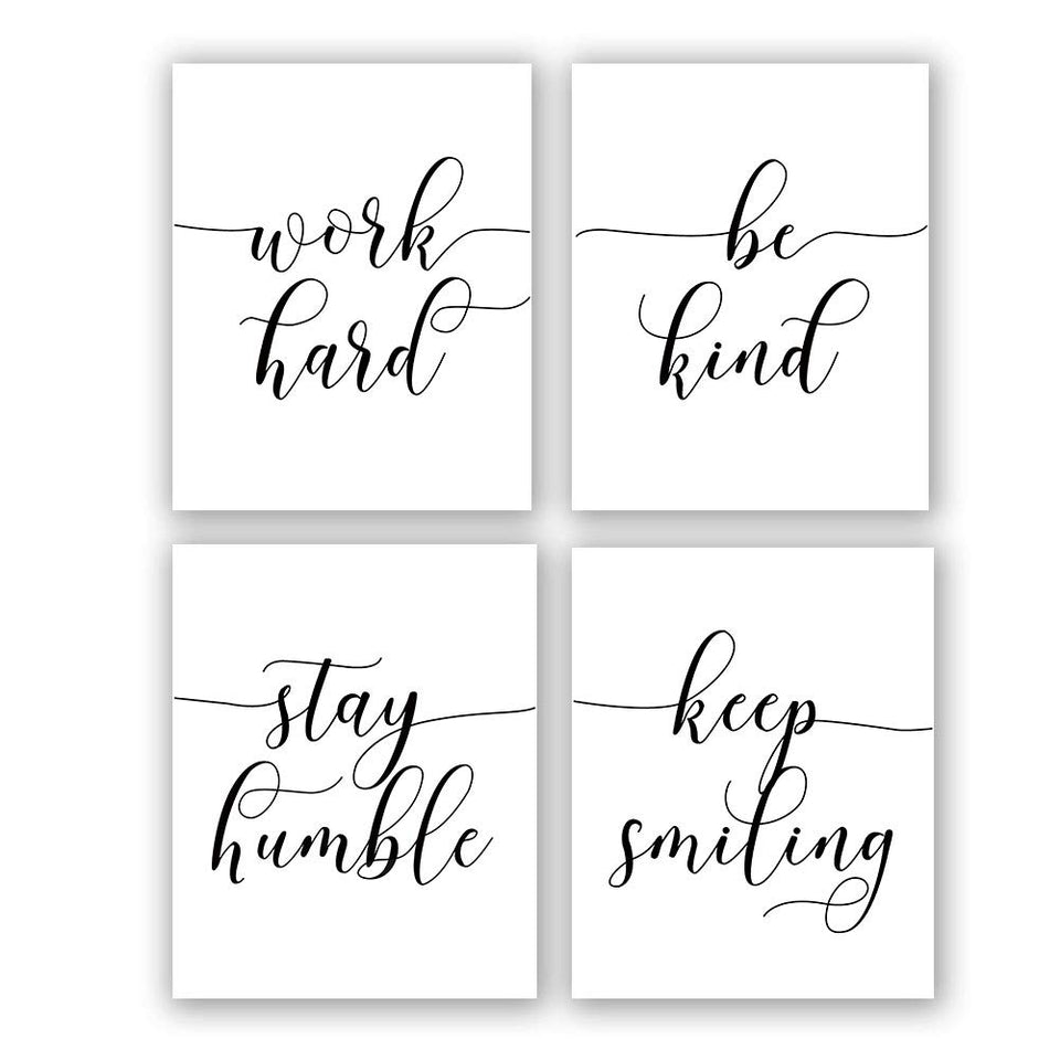 Inspirational Quote&Saying Art Painting,Work Hard,Be Kind,Stay Humble,Keep Smiling Art Print Set of 4 (8”X10” Canvas Picture，Motivational Phrases Wall Art for Office or Living Room Home Decor，No Frame