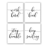 Inspirational Quote&Saying Art Painting,Work Hard,Be Kind,Stay Humble,Keep Smiling Art Print Set of 4 (8”X10” Canvas Picture，Motivational Phrases Wall Art for Office or Living Room Home Decor，No Frame