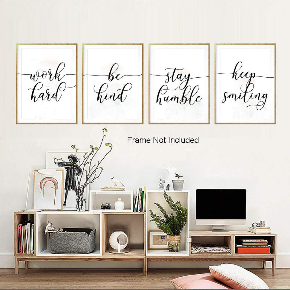 Inspirational Quote&Saying Art Painting,Work Hard,Be Kind,Stay Humble,Keep Smiling Art Print Set of 4 (8”X10” Canvas Picture，Motivational Phrases Wall Art for Office or Living Room Home Decor，No Frame