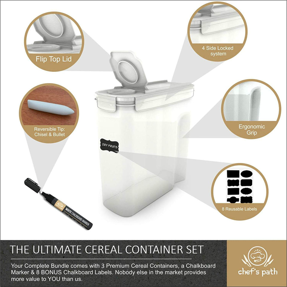 Cereal Container Storage Set - 100% Airtight Food Storage Containers, 8 Labels, Spoon Set & Pen, Great for Flour - BPA-Free Dispenser Keepers (135.2oz) 3PC - Chef’s Path