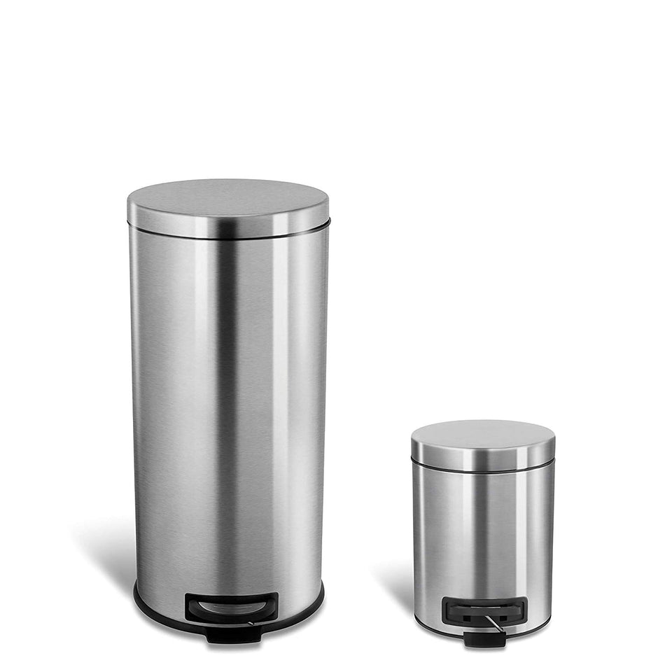 NINESTARS CB-SOT-30-1/5-1 Step-on Trash Can Combo Set, 8 Gal 30L & 1.2 Gal 5L, Stainless Steel Base (Round, Stainless Steel Lid)
