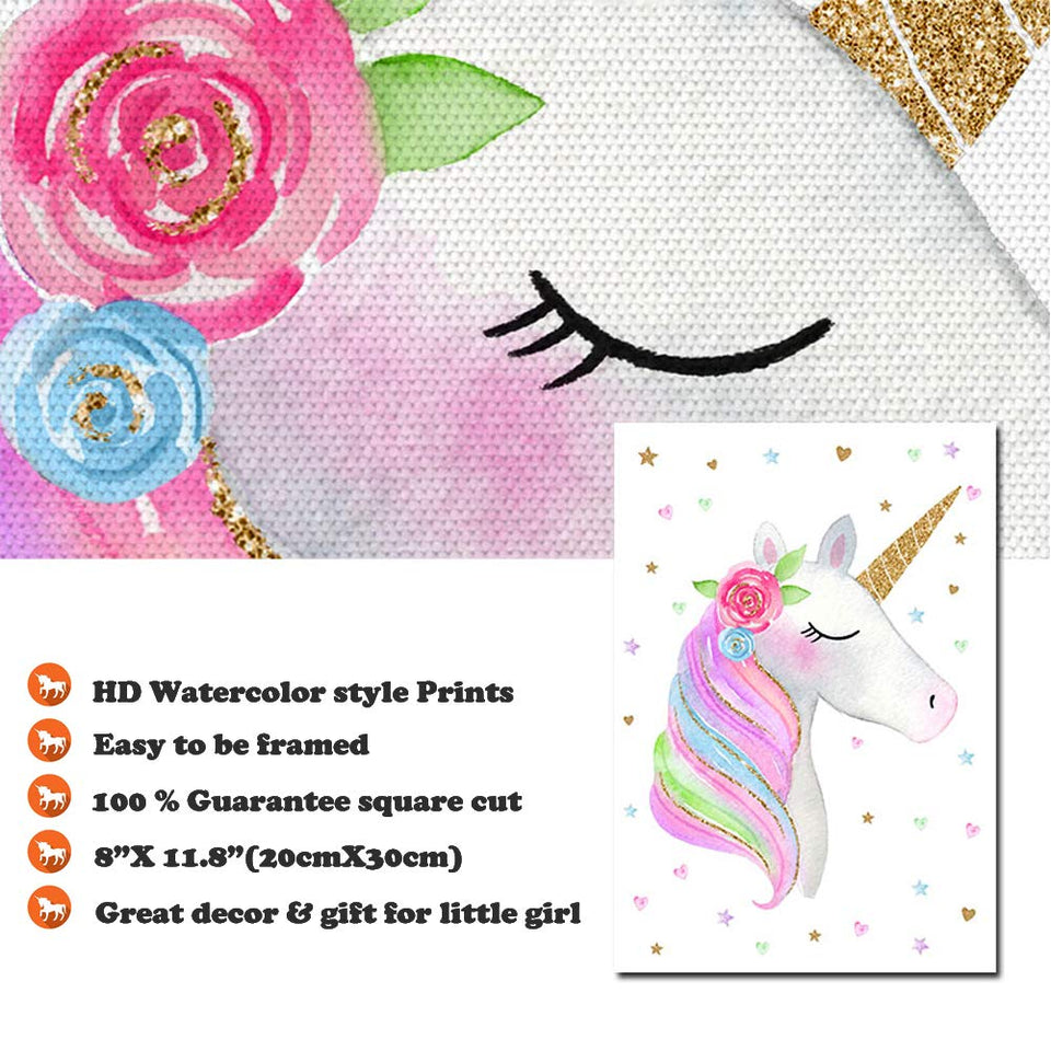 EVAIL Unicorn Wall Posters Rainbow Unicorn Canvas Wall Art Prints Painting Decoration Pictures Set of 3 (8”x11.8” for Girls Kids Bedroom Nursery Wall Decor Gift,No Frame