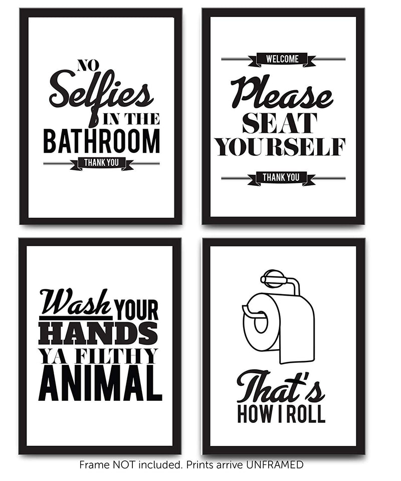 Typography Bathroom UNFRAMED Wall Art & Pictures | Set of 4 Funny Bathroom Quotes & Rules | Best Modern Toilet Decor Words & Letters | Premium Card Stock Sayings Posters | Black & White Prints 8 x 10