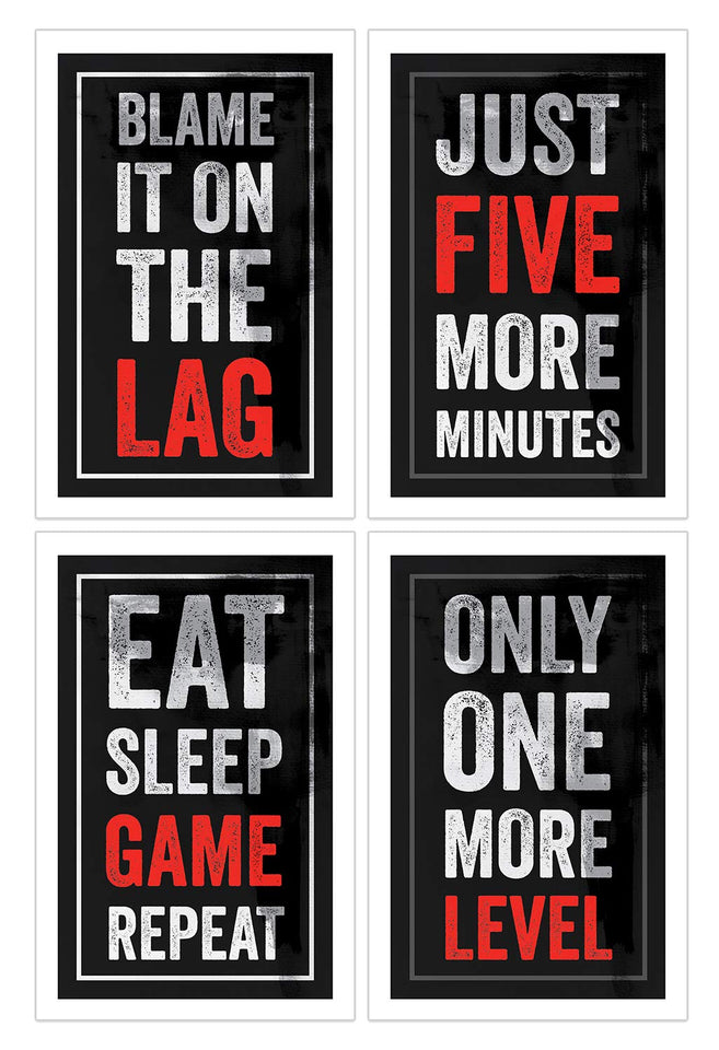 Video Game Posters, Set of 4, 11x17 Inches, Gaming Artwork, Gamer Wall Art, Boys Room Kids Print Black Red