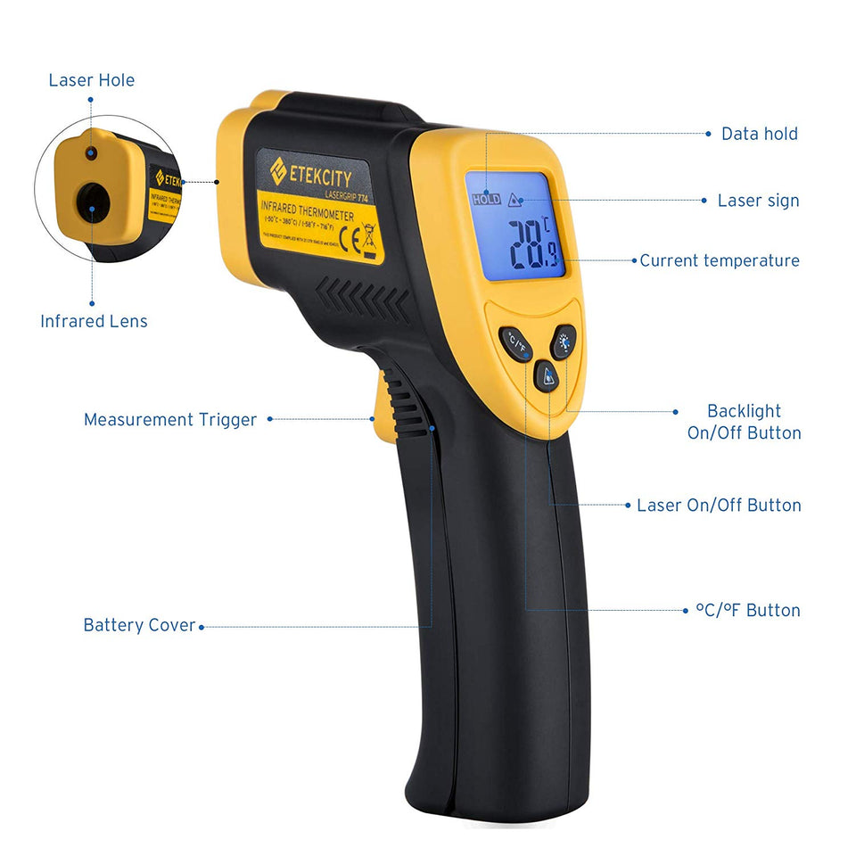 Etekcity Lasergrip 774 Non-contact Digital Laser Infrared Thermometer Temperature Gun -58℉~ 716℉ (-50℃ ~ 380℃), Yellow and Black
