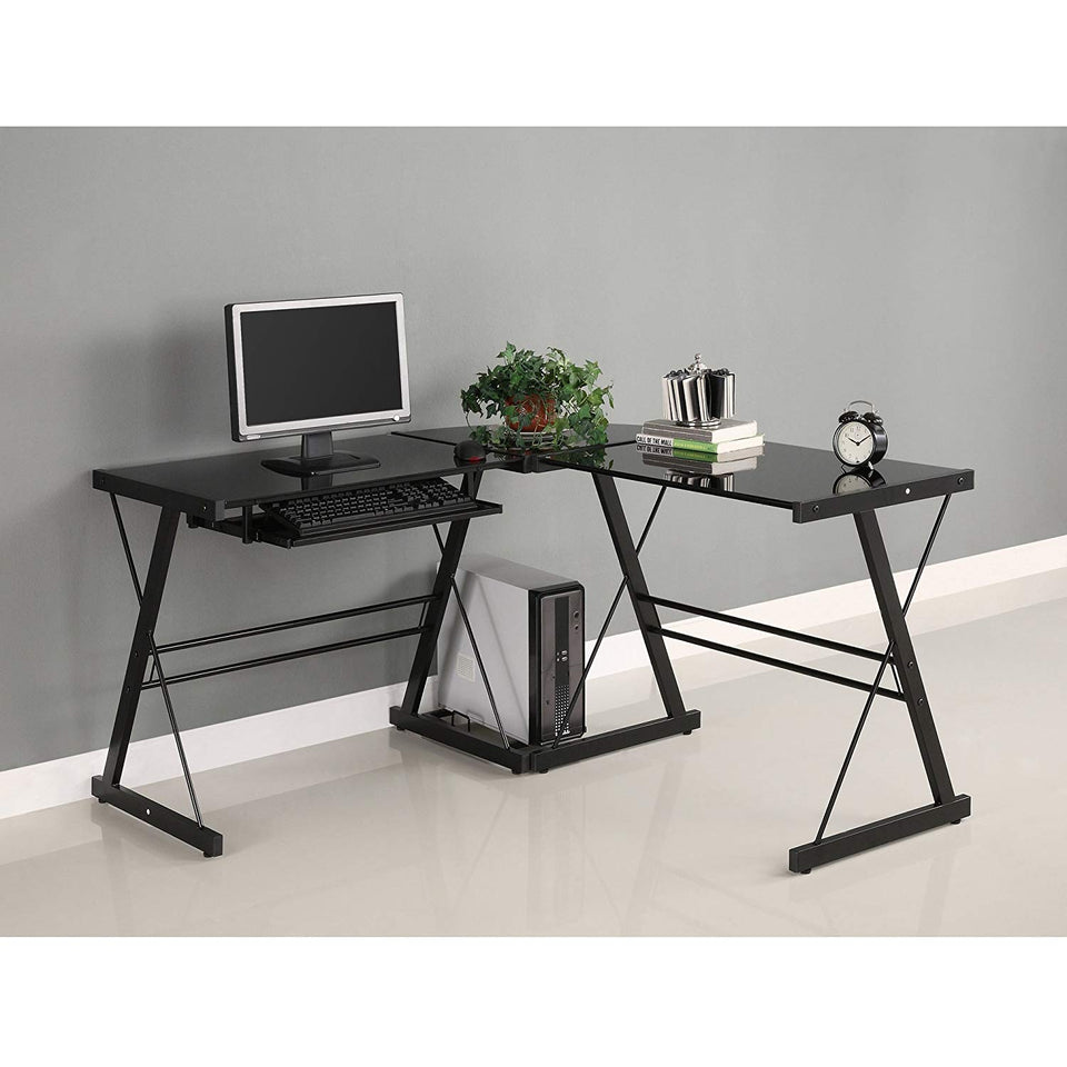 Walker Edison Soreno Modern 3-Piece Corner Desk for Home Office, Black Glass Contemporary Reclaimed Look