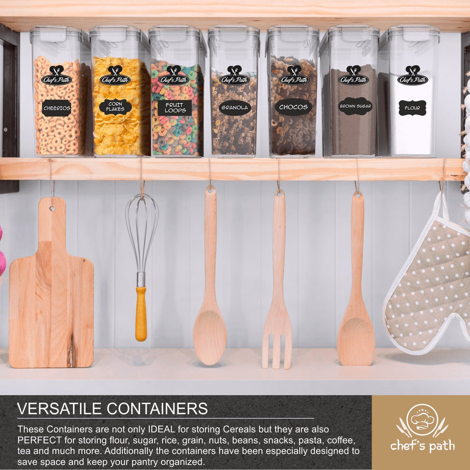 Cereal Container Storage Set - 100% Airtight Food Storage Containers, 8 Labels, Spoon Set & Pen, Great for Flour - BPA-Free Dispenser Keepers (135.2oz) 3PC - Chef’s Path