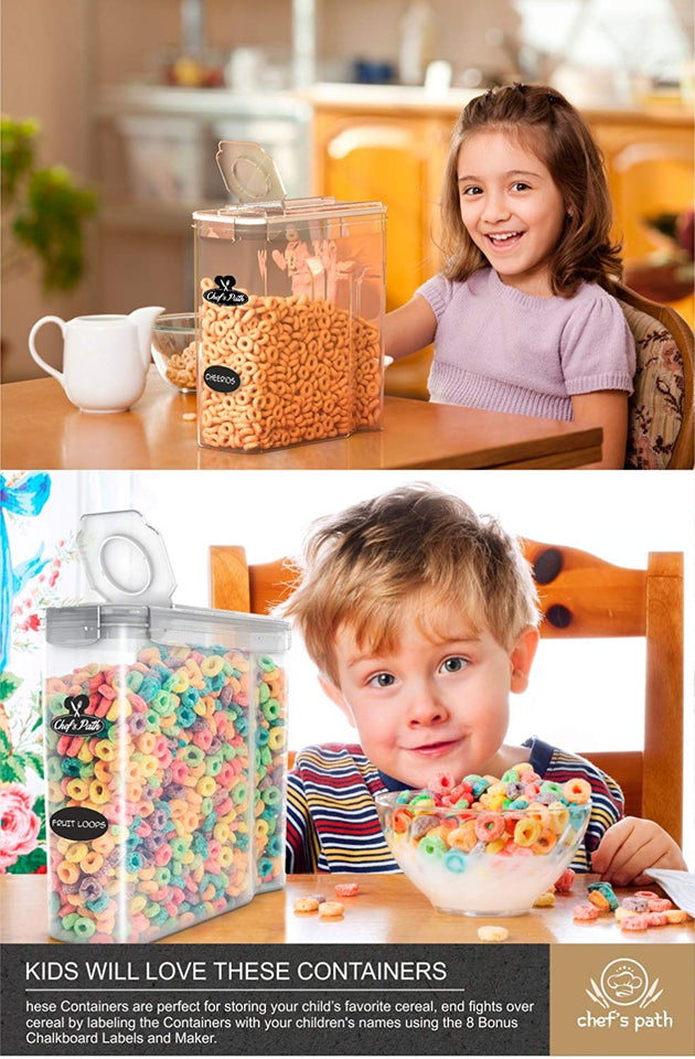 Cereal Container Storage Set - 100% Airtight Food Storage Containers, 8 Labels, Spoon Set & Pen, Great for Flour - BPA-Free Dispenser Keepers (135.2oz) 3PC - Chef’s Path