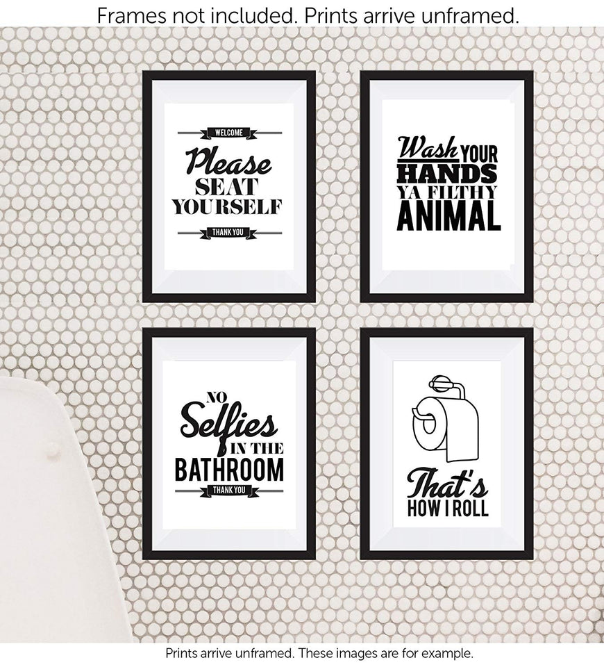 Typography Bathroom UNFRAMED Wall Art & Pictures | Set of 4 Funny Bathroom Quotes & Rules | Best Modern Toilet Decor Words & Letters | Premium Card Stock Sayings Posters | Black & White Prints 8 x 10