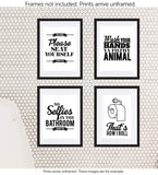 Typography Bathroom UNFRAMED Wall Art & Pictures | Set of 4 Funny Bathroom Quotes & Rules | Best Modern Toilet Decor Words & Letters | Premium Card Stock Sayings Posters | Black & White Prints 8 x 10