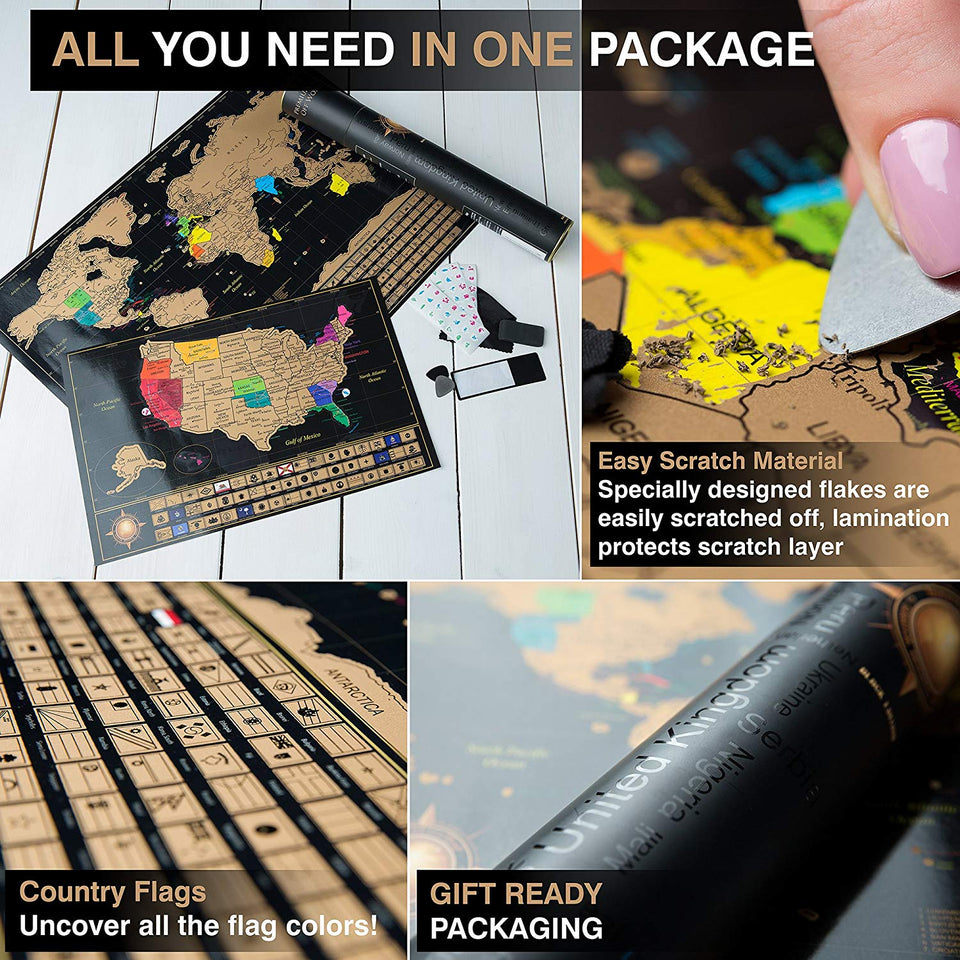 Scratch Off World Map Poster + Deluxe United States Map –Includes Complete Accessories Set & All Country Flags – Premium Wall Art Gift for The Loved Ones – Bonus USA Traveler’s eBook