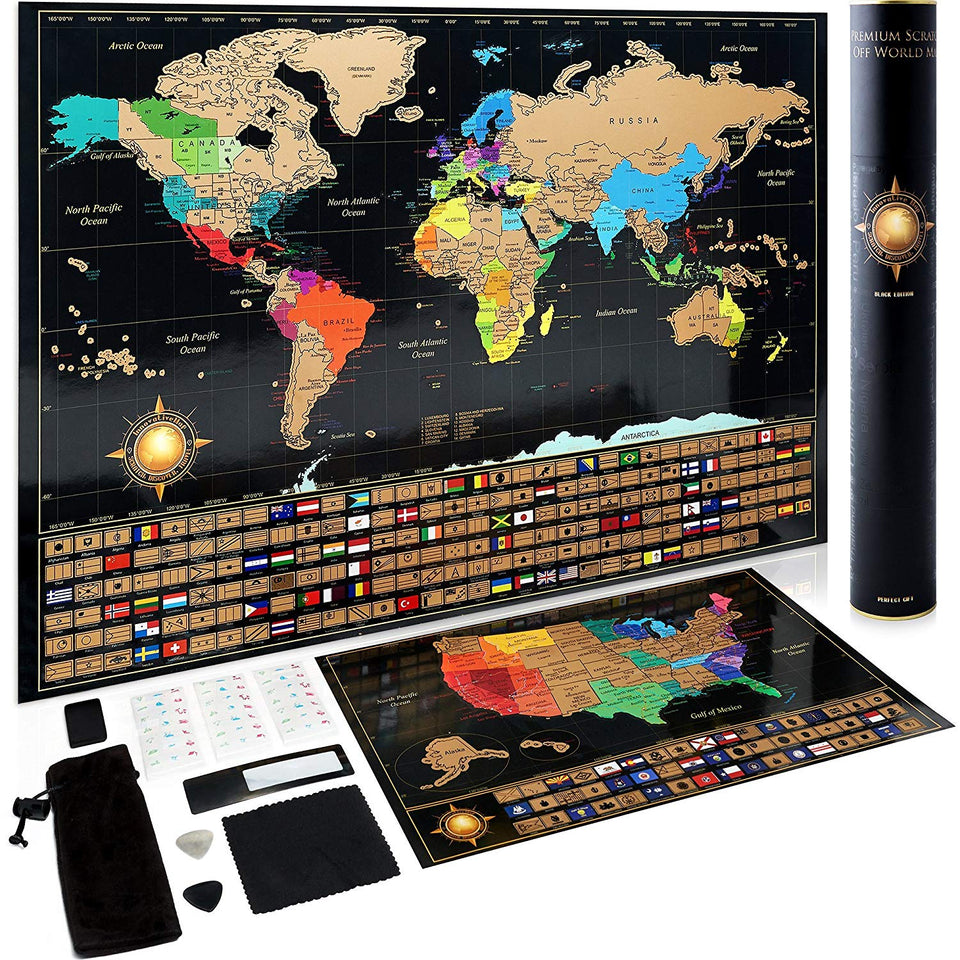 Scratch Off World Map Poster + Deluxe United States Map –Includes Complete Accessories Set & All Country Flags – Premium Wall Art Gift for The Loved Ones – Bonus USA Traveler’s eBook