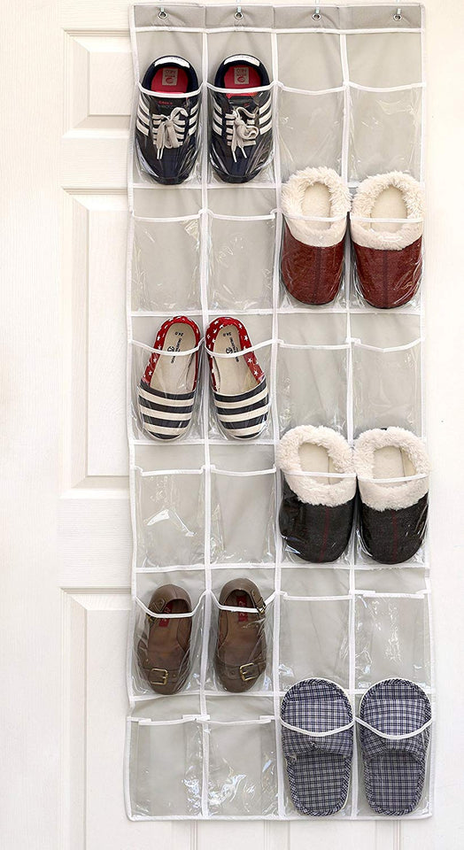 24 Pockets - SimpleHouseware Crystal Clear Over The Door Hanging Shoe Organizer, Gray (64'' x 19'')