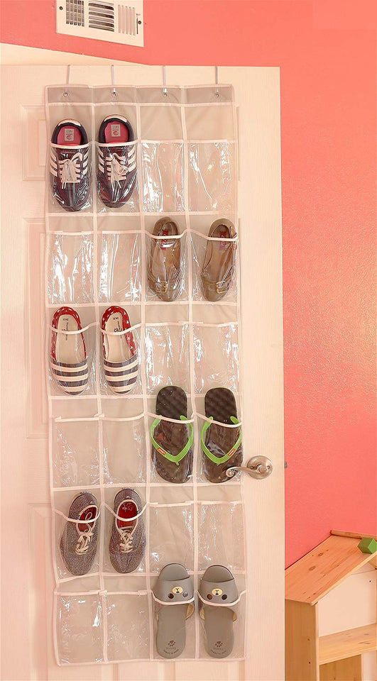 24 Pockets - SimpleHouseware Crystal Clear Over The Door Hanging Shoe Organizer, Gray (64'' x 19'')