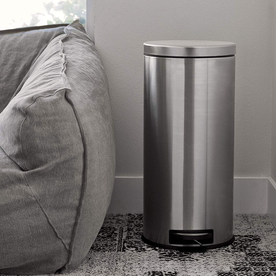 NINESTARS CB-SOT-30-1/5-1 Step-on Trash Can Combo Set, 8 Gal 30L & 1.2 Gal 5L, Stainless Steel Base (Round, Stainless Steel Lid)