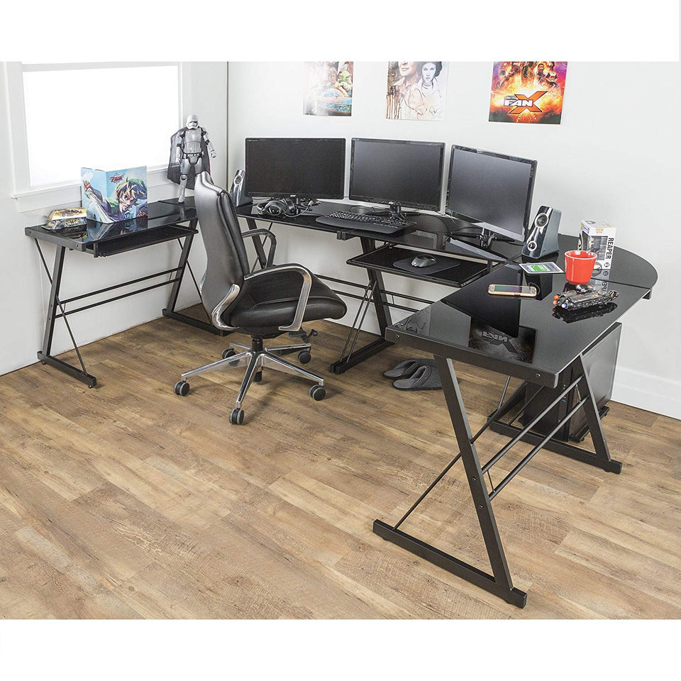 Walker Edison Soreno Modern 3-Piece Corner Desk for Home Office, Black Glass Contemporary Reclaimed Look