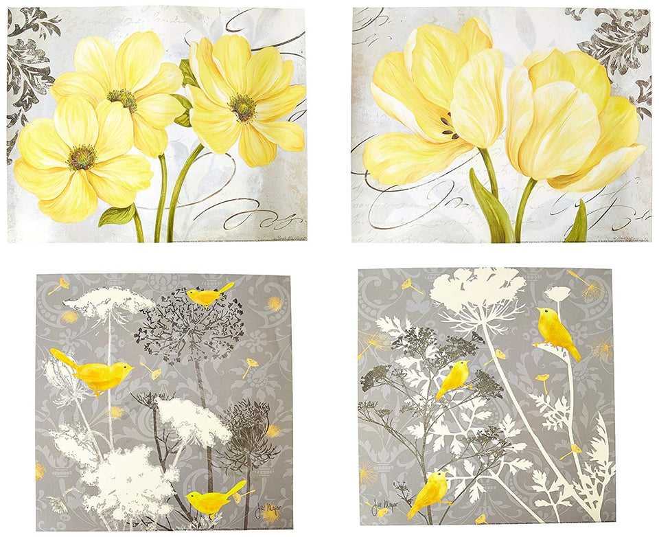 Gango Home Decor Beautiful Grey & Yellow Poster Set; Birds and Flowers; Two 12x12in and Two 14x11in Unframed Poster Prints