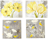 Gango Home Decor Beautiful Grey & Yellow Poster Set; Birds and Flowers; Two 12x12in and Two 14x11in Unframed Poster Prints