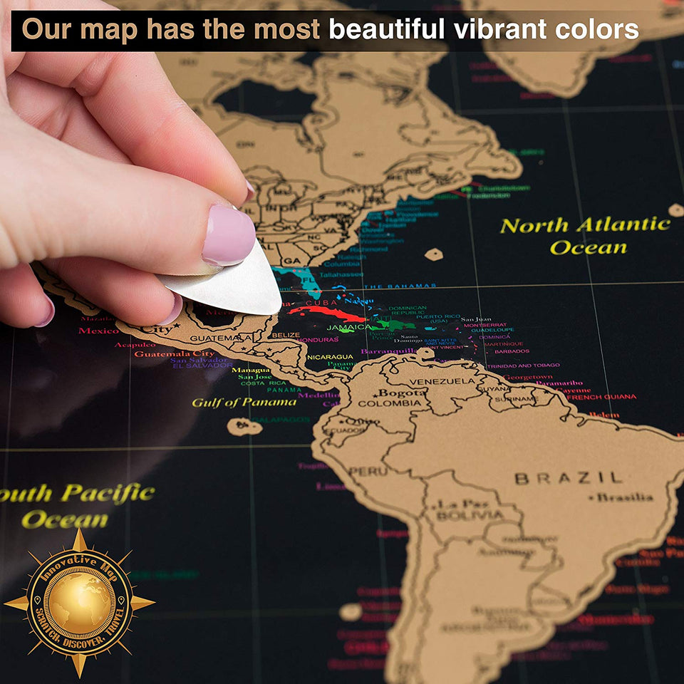 Scratch Off World Map Poster + Deluxe United States Map –Includes Complete Accessories Set & All Country Flags – Premium Wall Art Gift for The Loved Ones – Bonus USA Traveler’s eBook